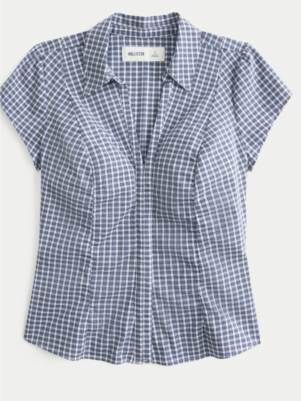 Hollister Ciara Short-Sleeve Ruched Hook and Eye Shirt -blue plaid